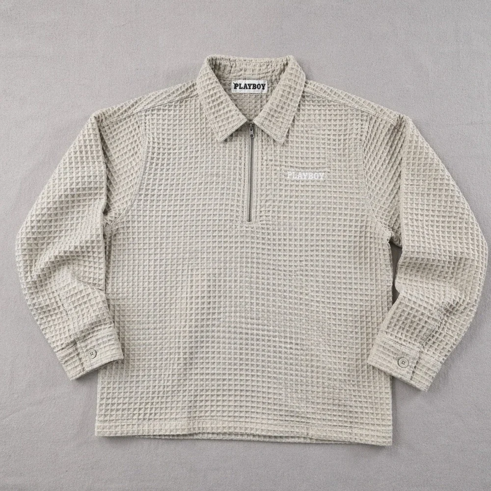 Playboy PacSun Pullover Mens M Waffle Knit 1/4 Zip‎ Logo Beige